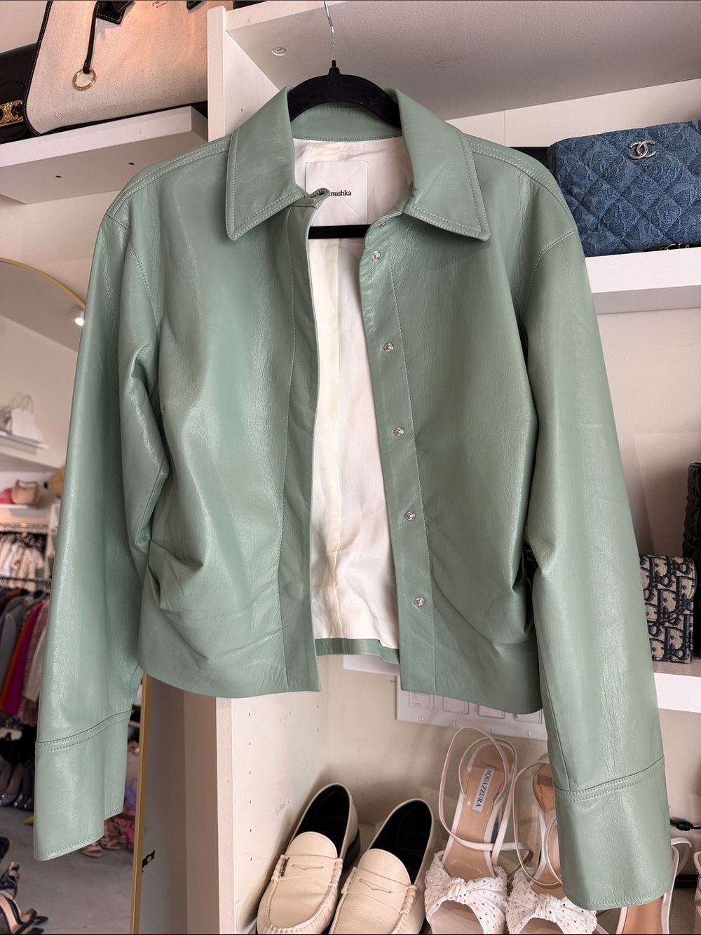 Nanushka Mint Green Vegan Leather Button-Front Jacket
